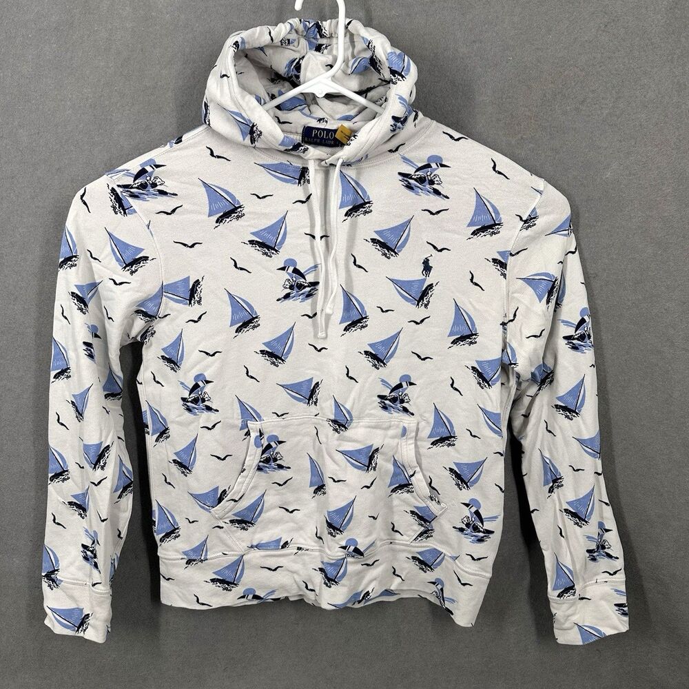 Ralph Lauren Polo Bear Hoodie Mens M White Terry Cotton Spa Sweatshirt Sailboats